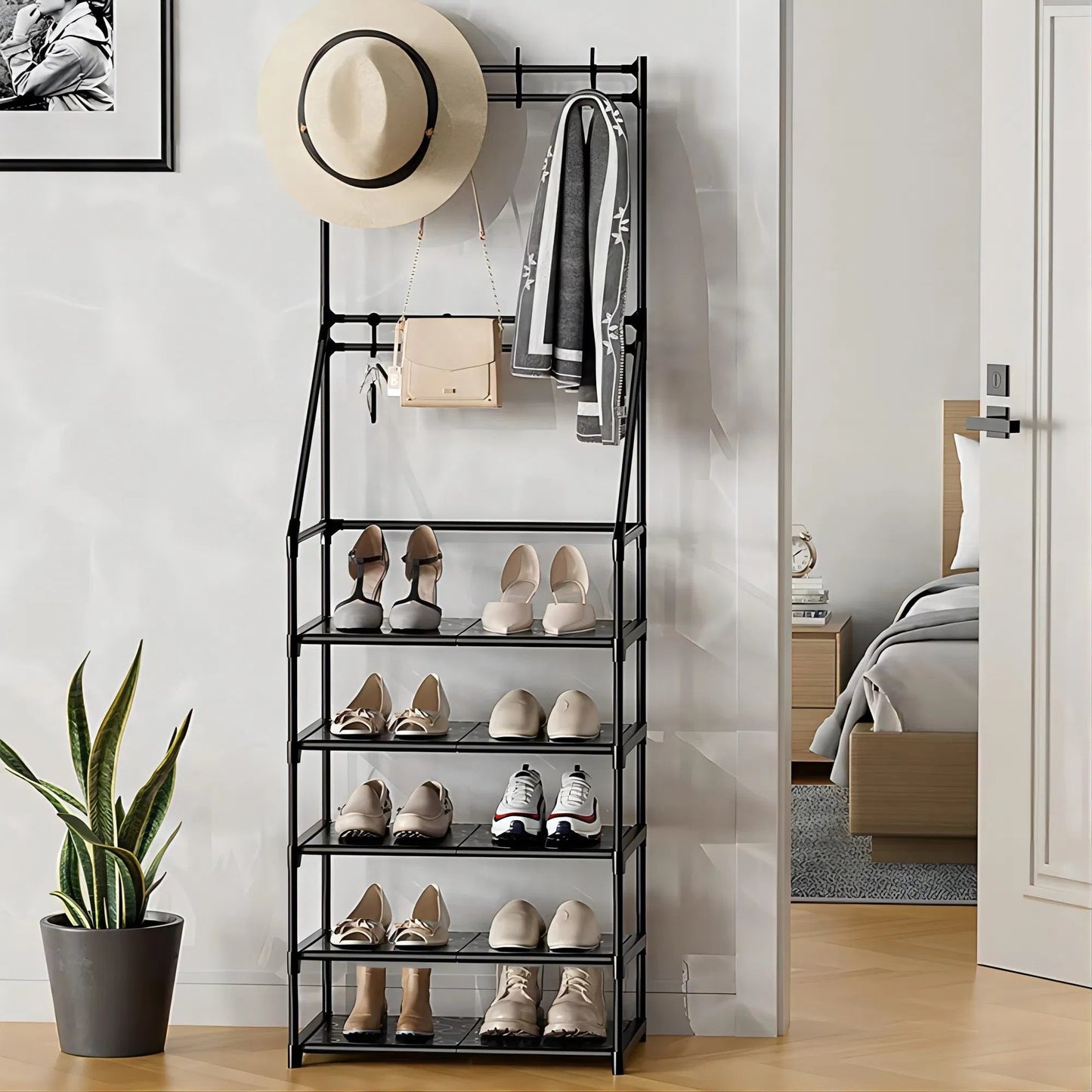 5-tier entryway shoe rack with coat hooks