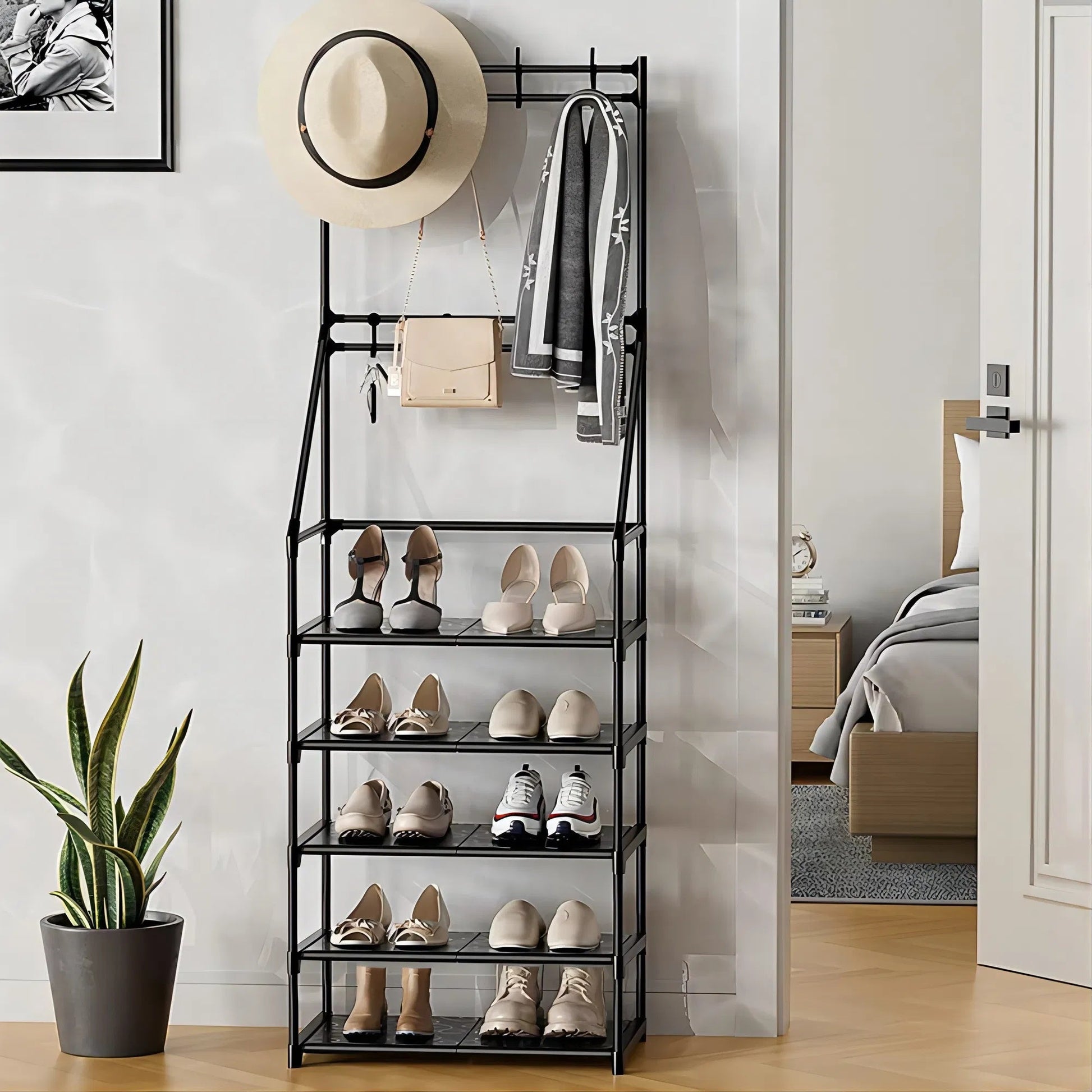 5-tier entryway shoe rack with coat hooks