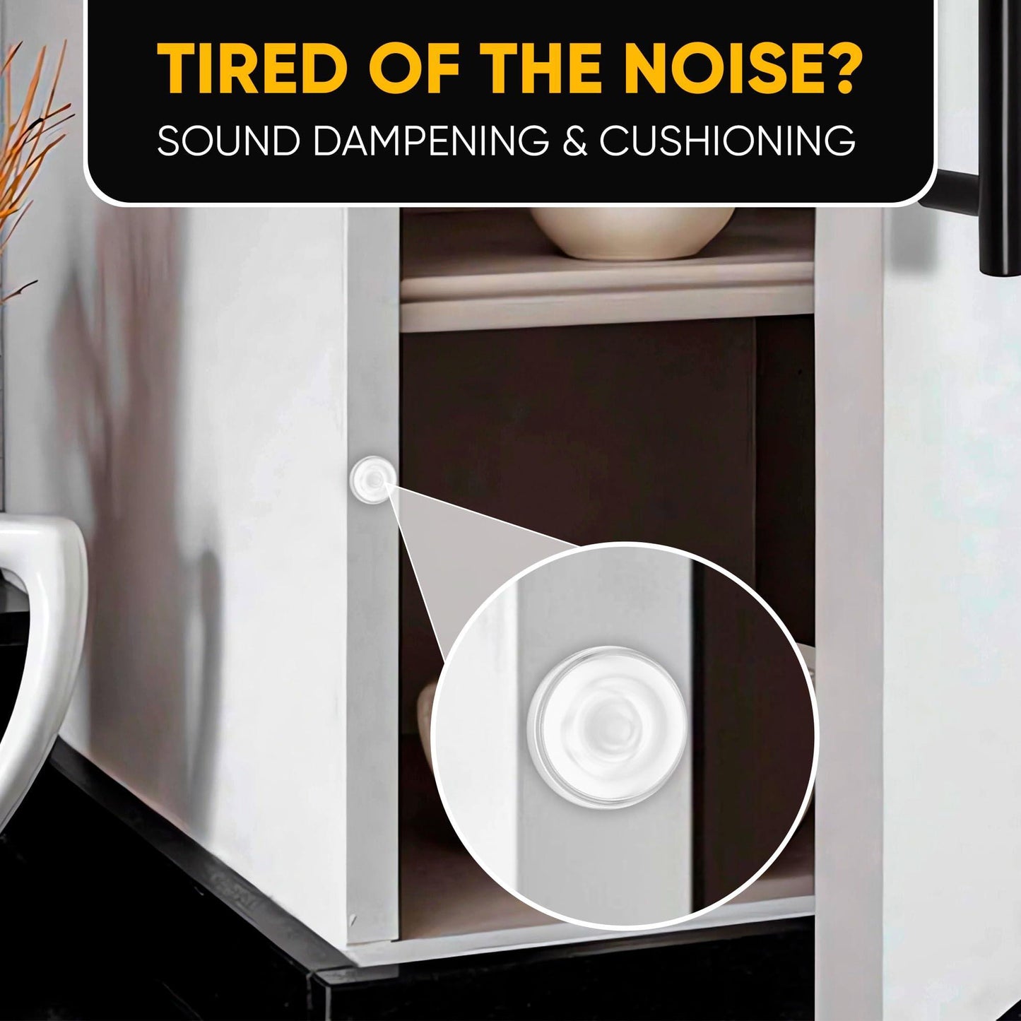 Silicone bumper pad on a cabinet door and close-up of round self-adhesive bumper pad