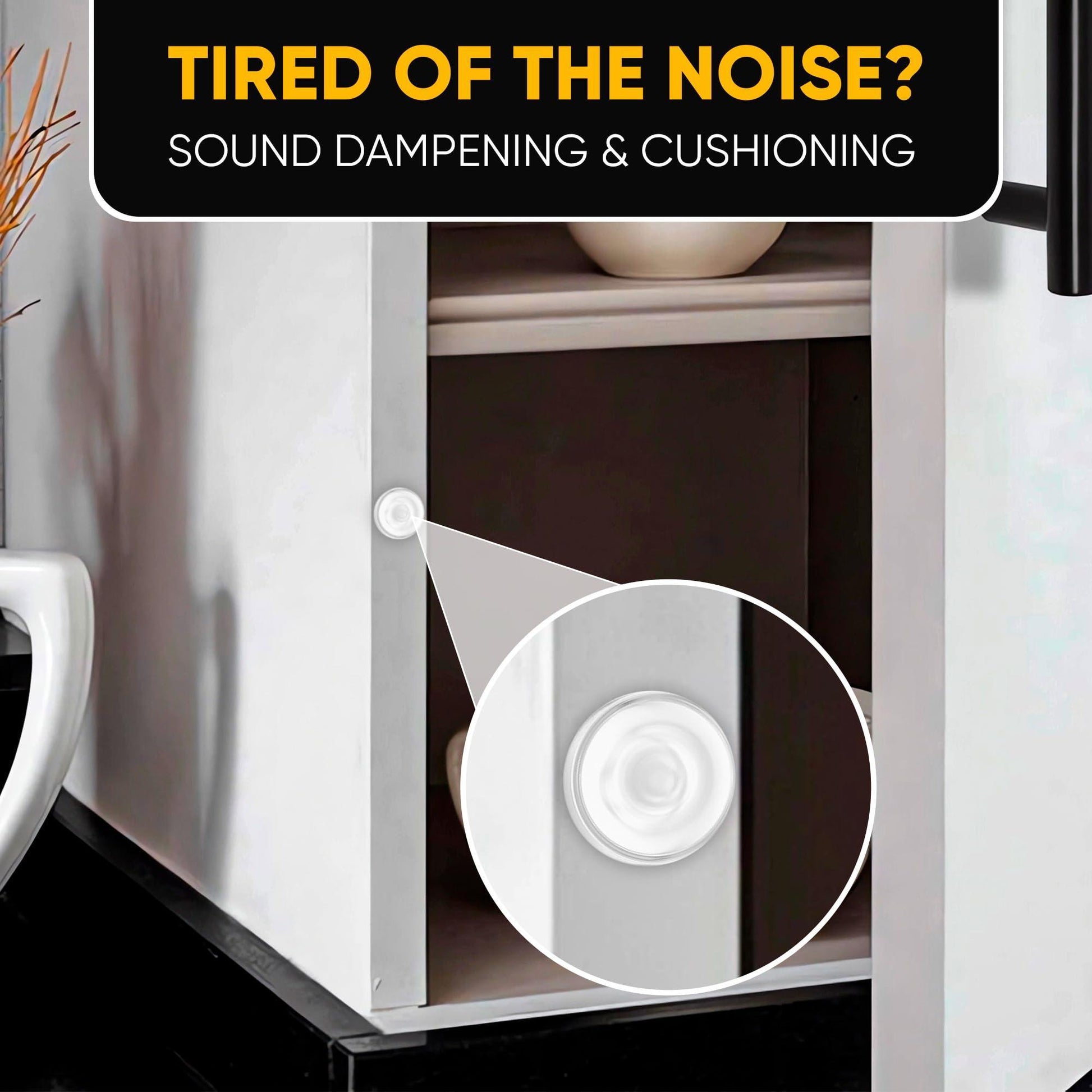 Silicone bumper pad on a cabinet door and close-up of round self-adhesive bumper pad