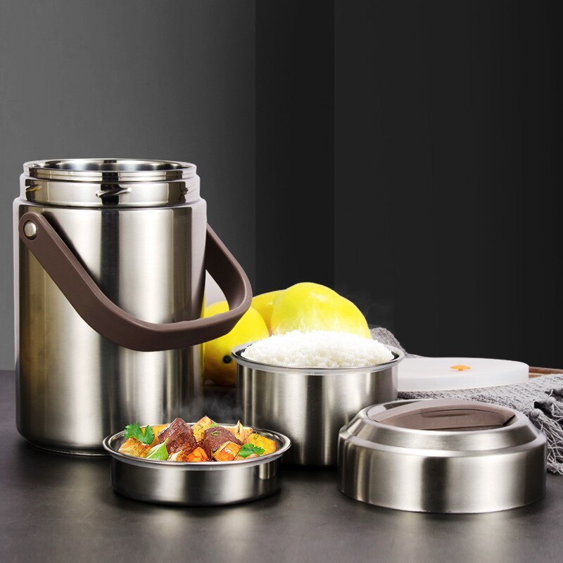 Stainless steel adult lunch box with three layers open view