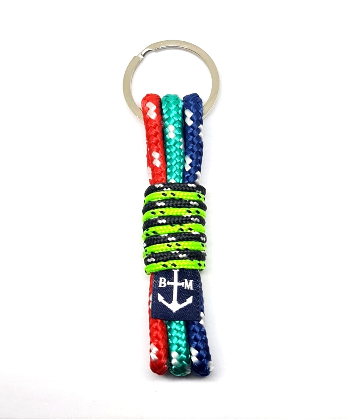 Lolar handmade nautical rope keychain in red green and blue, handcrafted in Dublin, weather-resistant unisex accessory