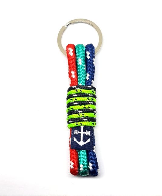 Lolar handmade nautical rope keychain in red green and blue, handcrafted in Dublin, weather-resistant unisex accessory
