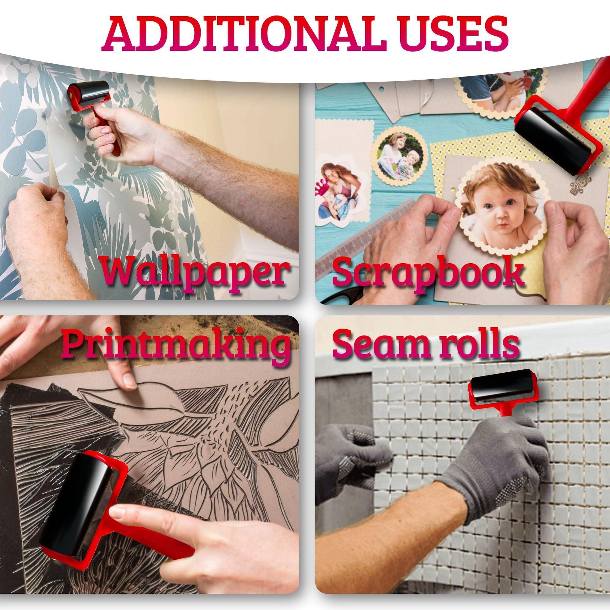Multi-purpose rubber application roller on workspace