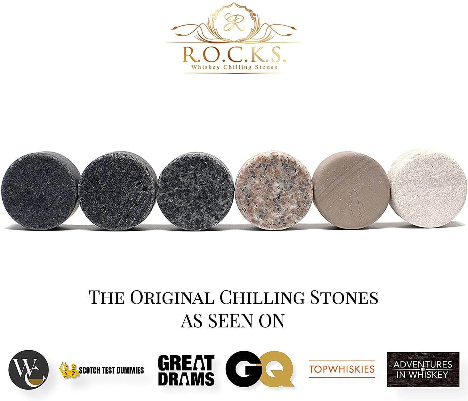 Round granite whiskey stones displayed 