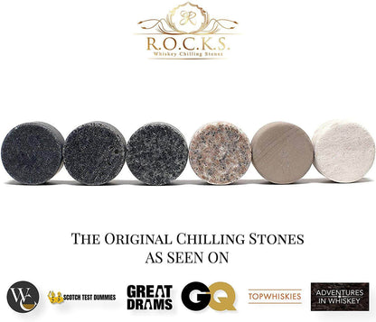 Round granite whiskey stones displayed 