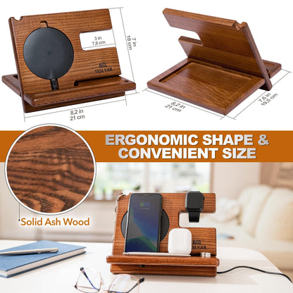 Polished ash wood docking station on bedside table