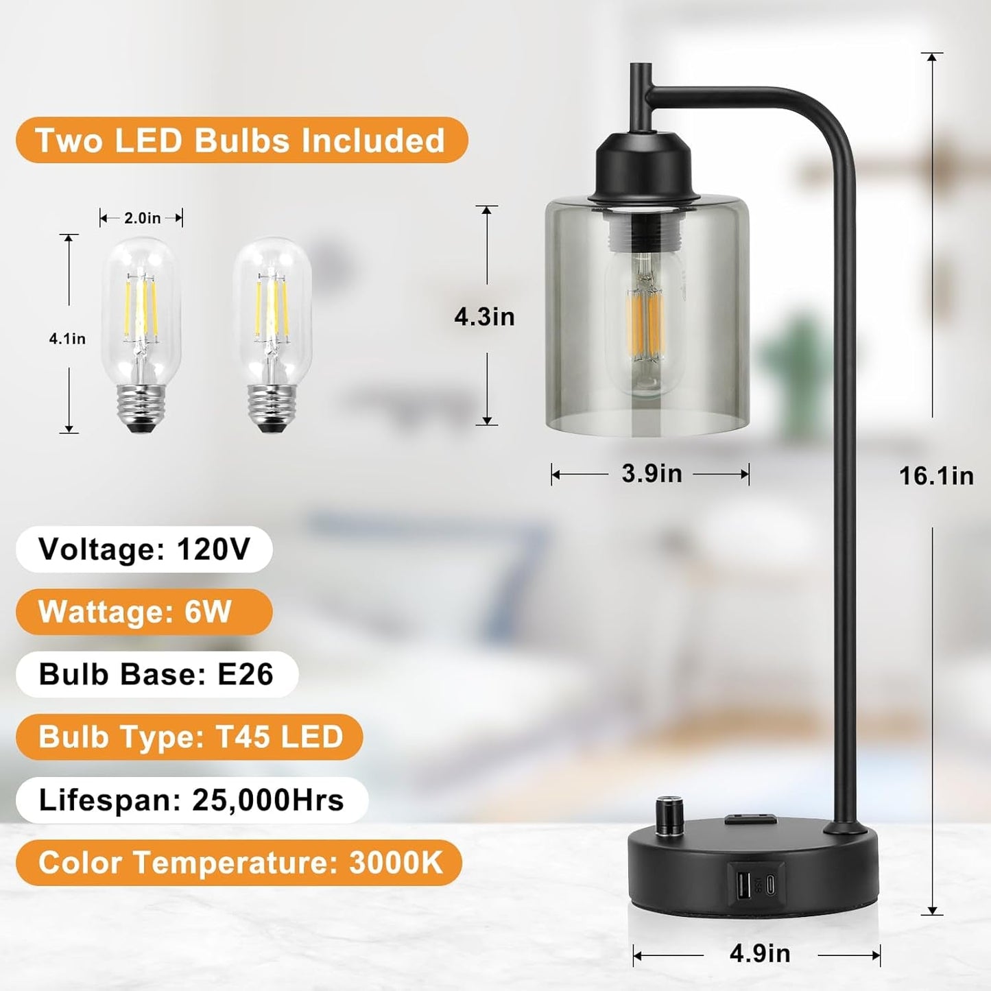 Desk lamp with LED bulbs included, showing dimensions and specifications.