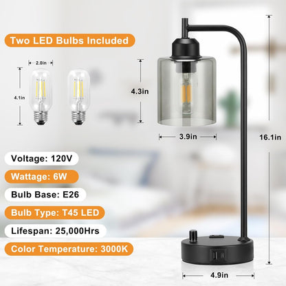 Desk lamp with LED bulbs included, showing dimensions and specifications.