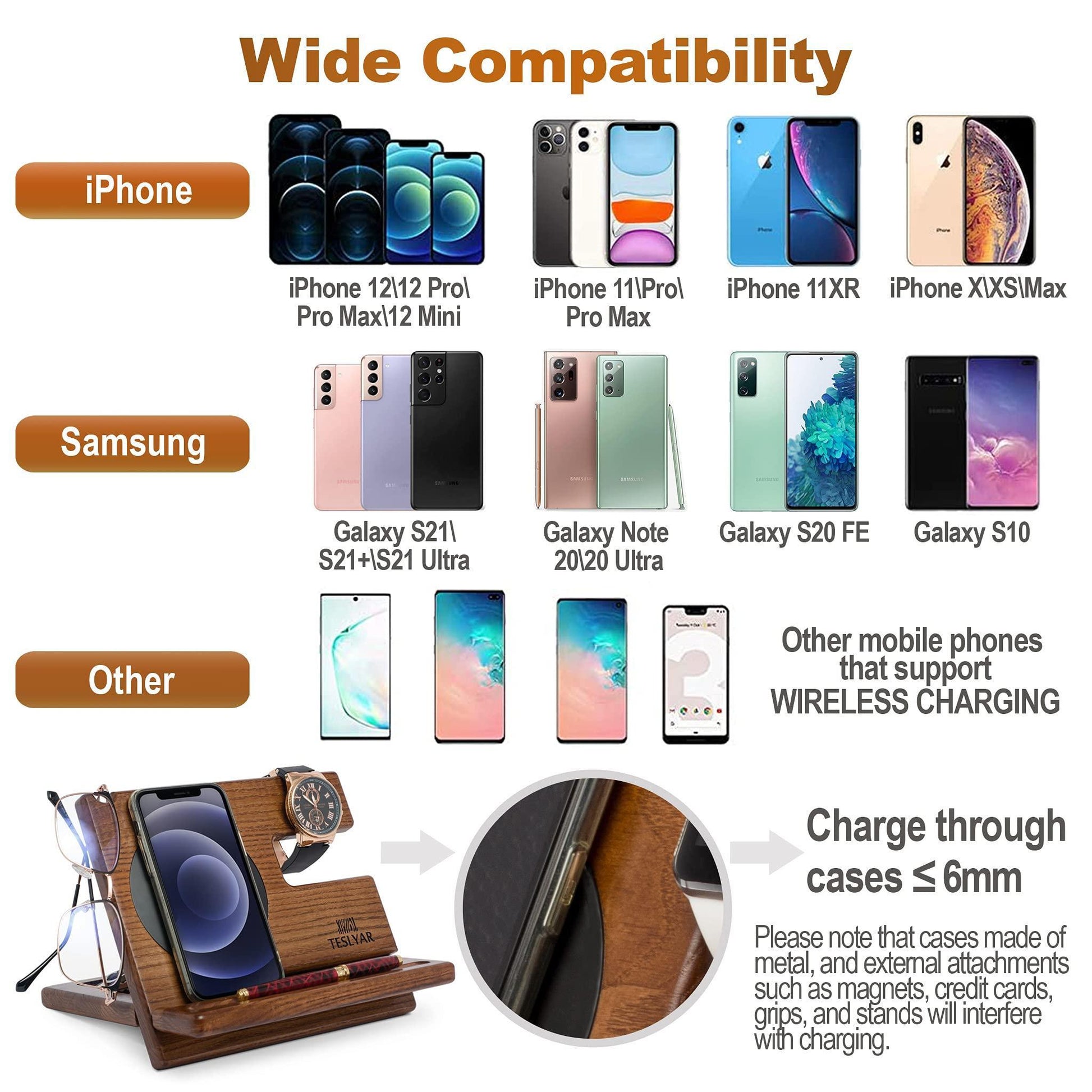 Natural wood organizer holding phone and accessories