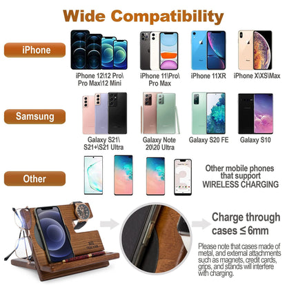 Natural wood organizer holding phone and accessories