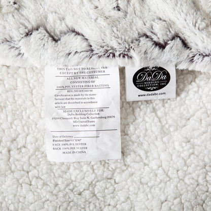 Product tag of milky white and purple faux fur throw blanket