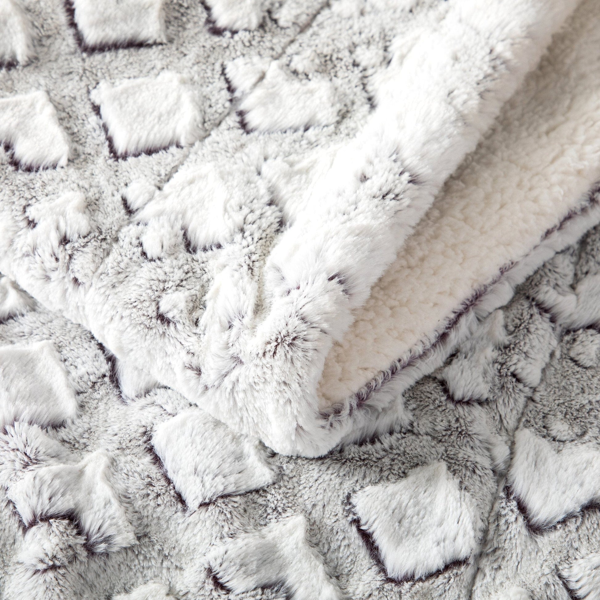 Blanket folded neatly to showcase faux fur and Sherpa layers.