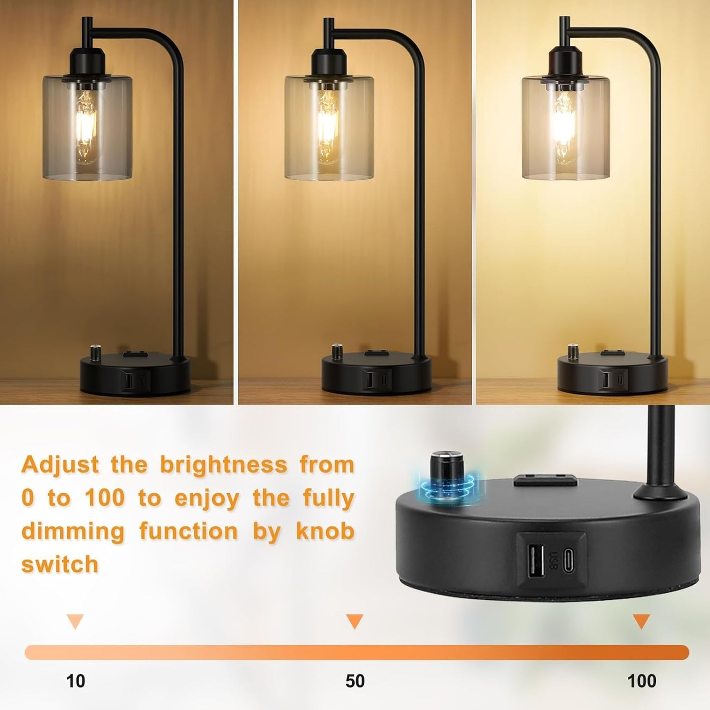 Black adjustable desk lamp with glass shade on a wooden surface, featuring dimming function.