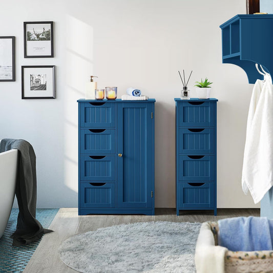 navy blue bathroom floor cabinet with drawers and cupboard front view