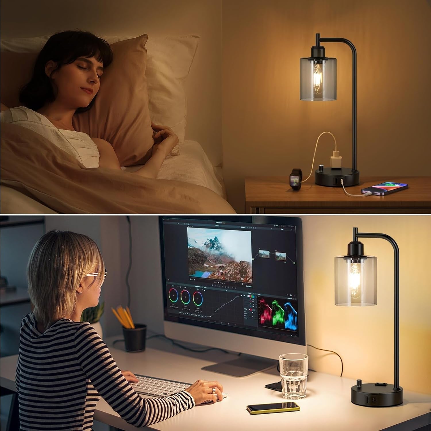 Industrial dimmable desk lamp with glass cylinder shade