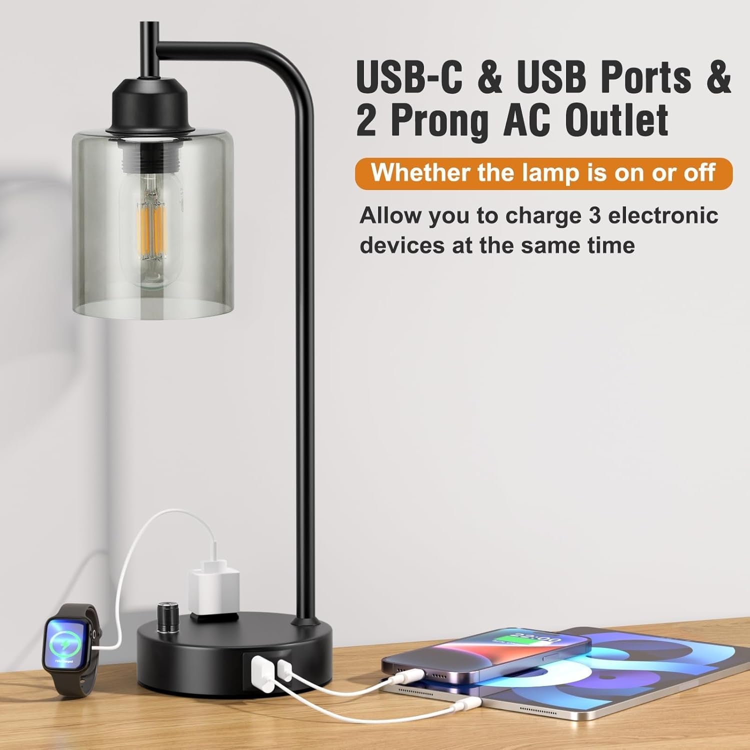 Table lamp with USB ports and AC outlet on a wooden surface