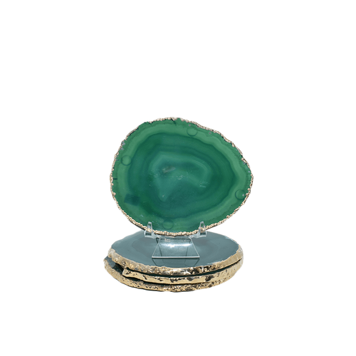 4 Green agate coasters with gold trim on a white background