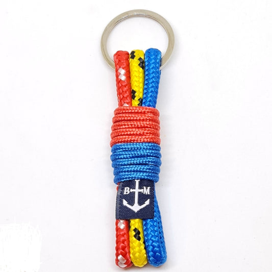 Cillian handmade nautical rope keychain in blue, yellow, and red
