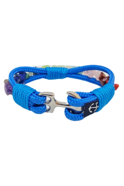 Close-up of multi-color chakra gemstone beads with stainless steel detailing on nautical rope