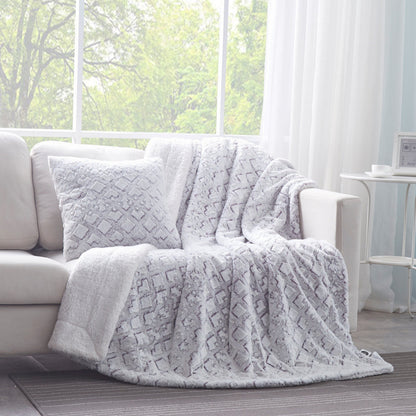 Dreamy Milky Way faux fur pillow cover styled on a cozy modern sofa