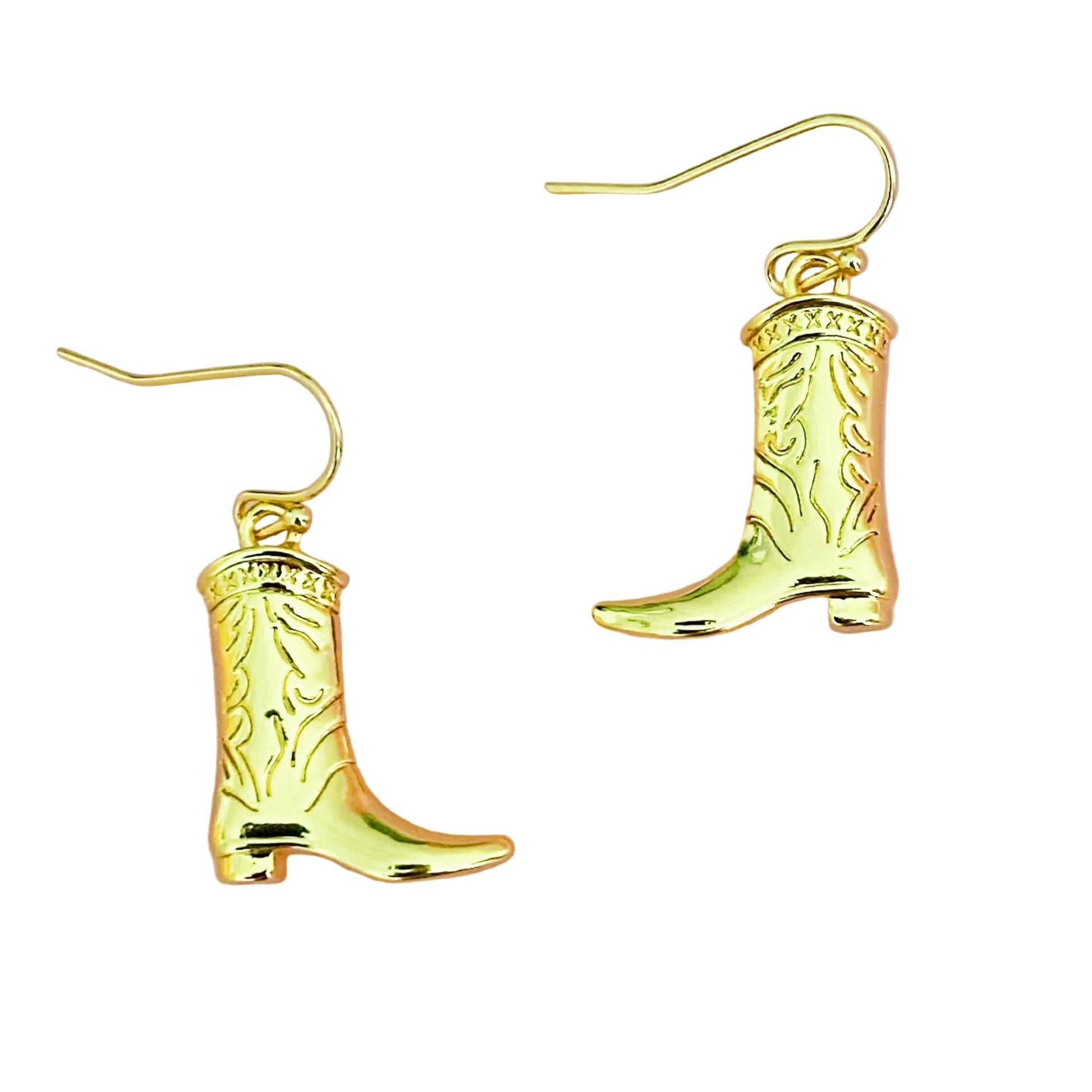 Gold cowboy boot earrings on a white background
