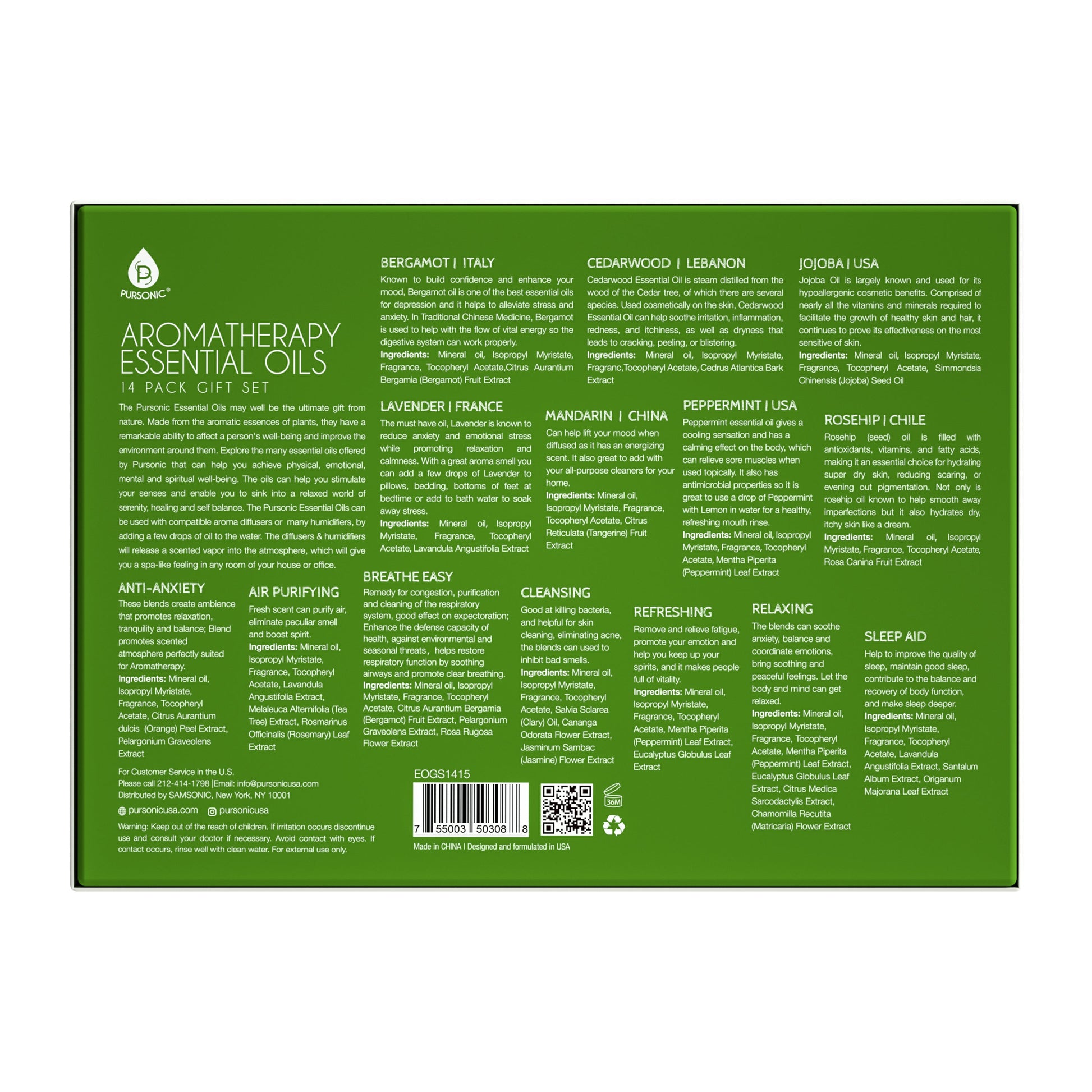 Green box of aromatherapy essential oils with text and a barcode on a white background