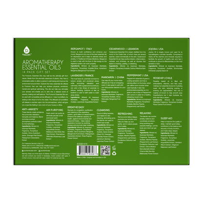 Green box of aromatherapy essential oils with text and a barcode on a white background