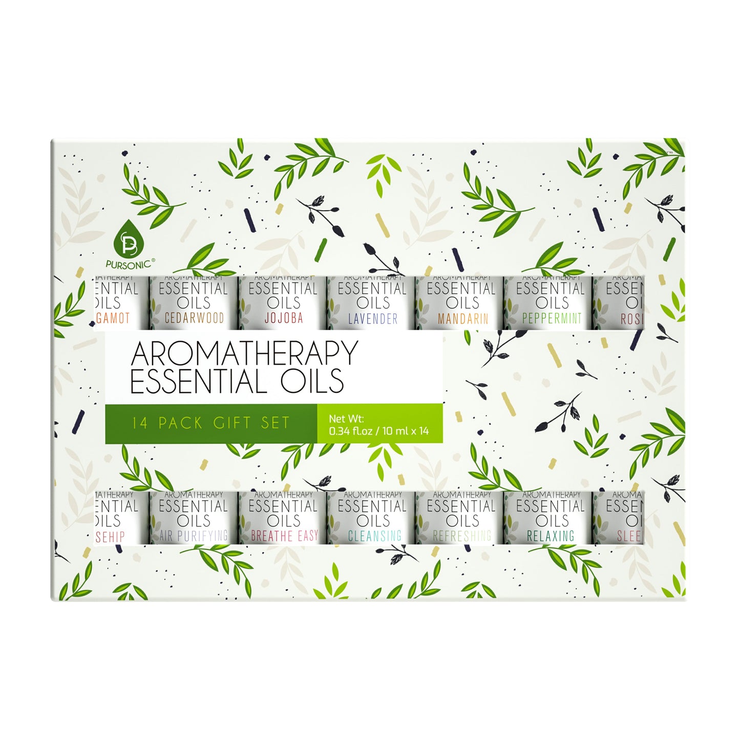 Puracy Aromatherapy Essential Oils 14-pack gift set on a white background