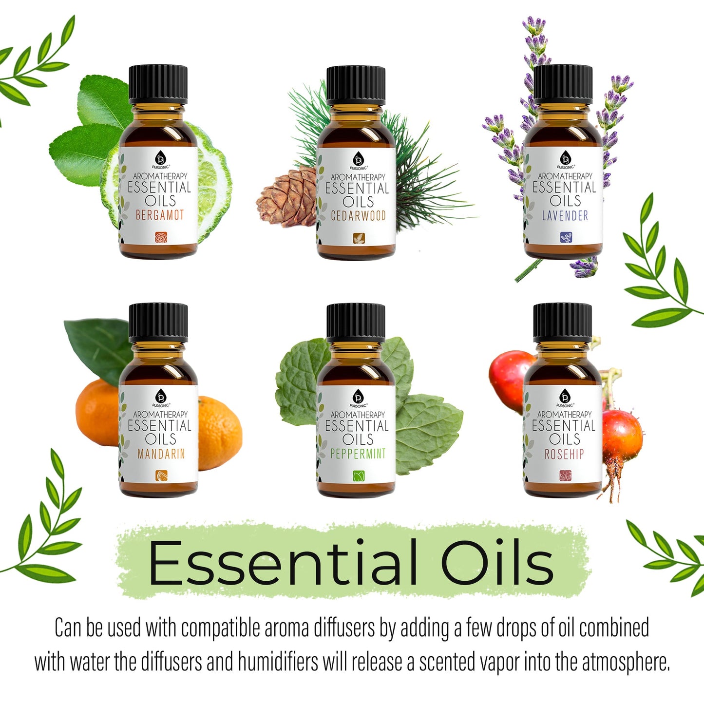 Set of essential oil bottles with labels and decorative elements on a white background
