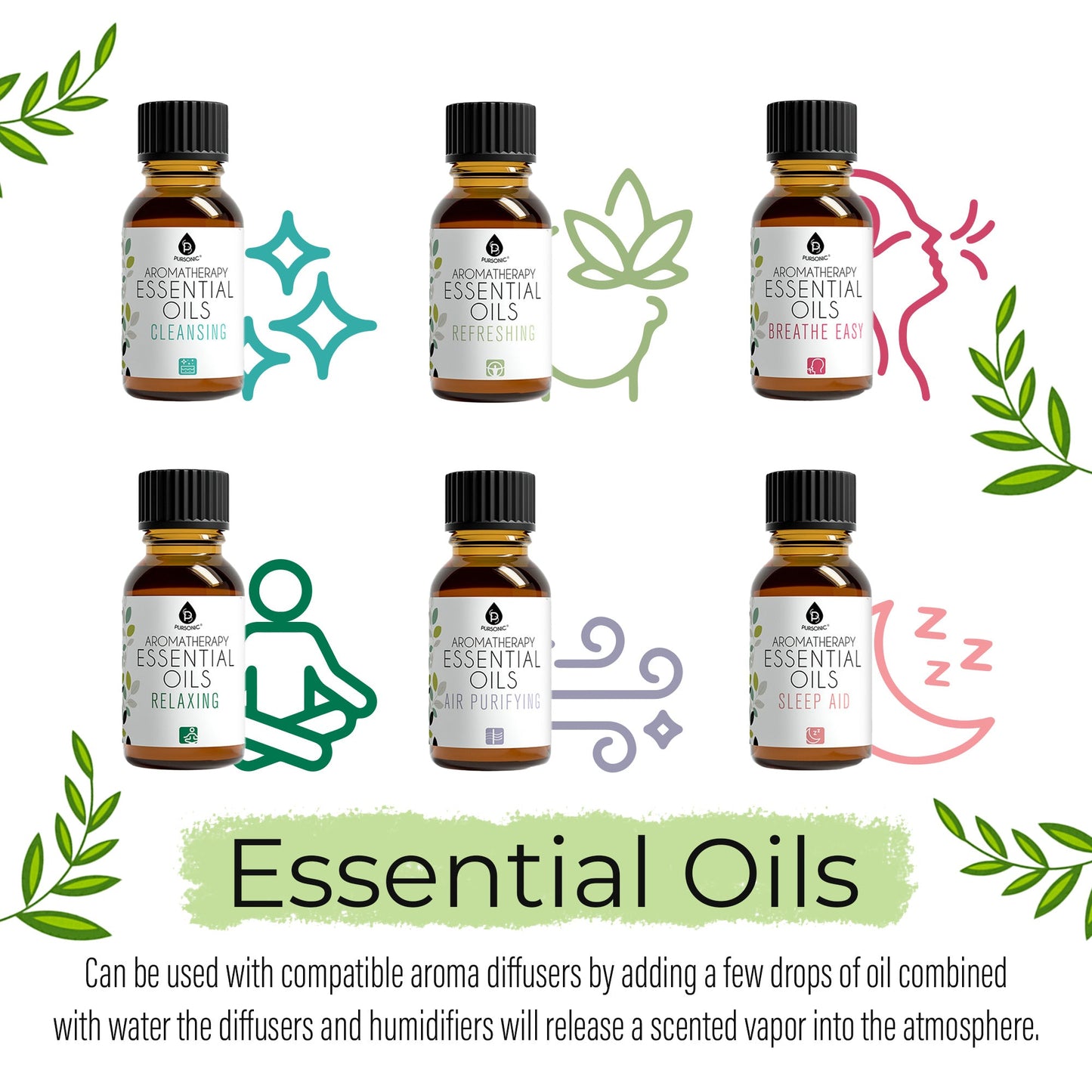 Set of essential oil bottles with labels and decorative elements on a white background