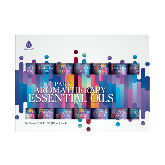 14-pack aromatherapy essential oils set with colorful packaging on a white background