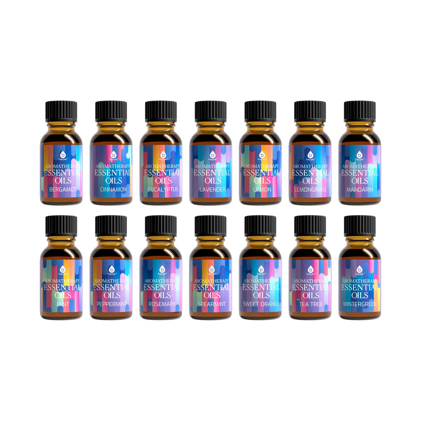 Set of 12 essential oil bottles with colorful labels on a white background