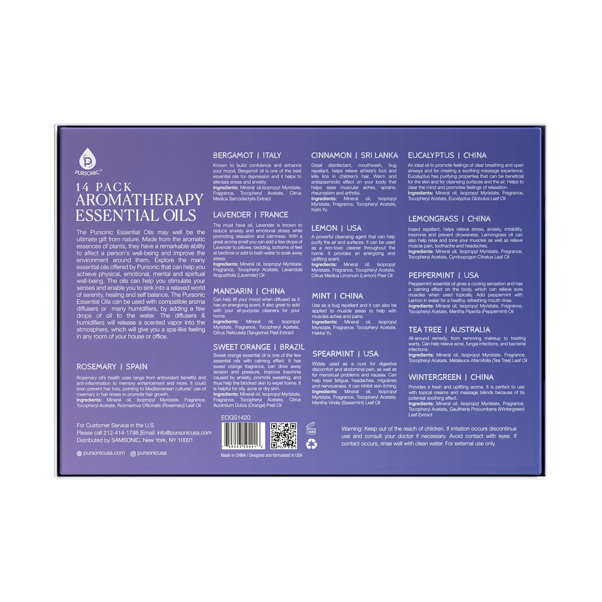 Back of a purple aromatherapy essential oils packaging with text and a barcode.