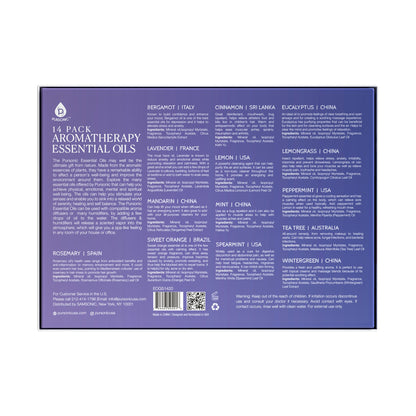 Back of a purple aromatherapy essential oils packaging with text and a barcode.