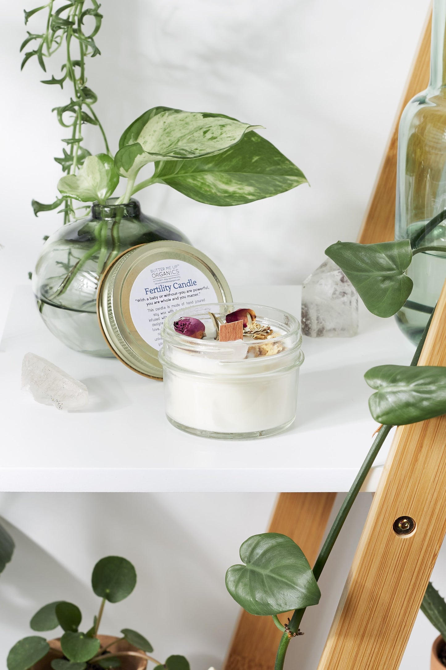 Krombee Bloom and Nurture Crystal Candle on shelf