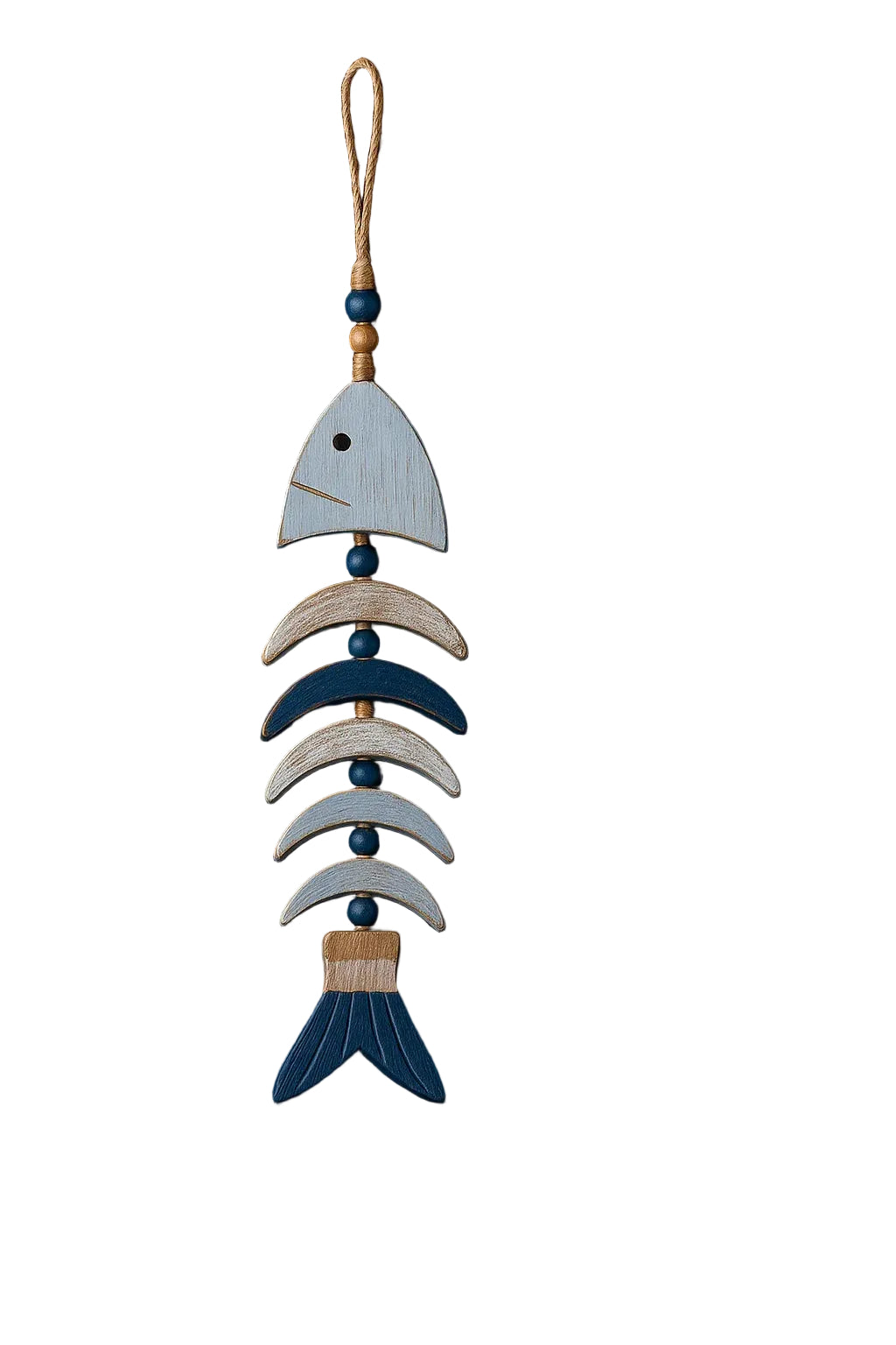 Decorative fish-shaped ornament with blue and beige colors on a black background