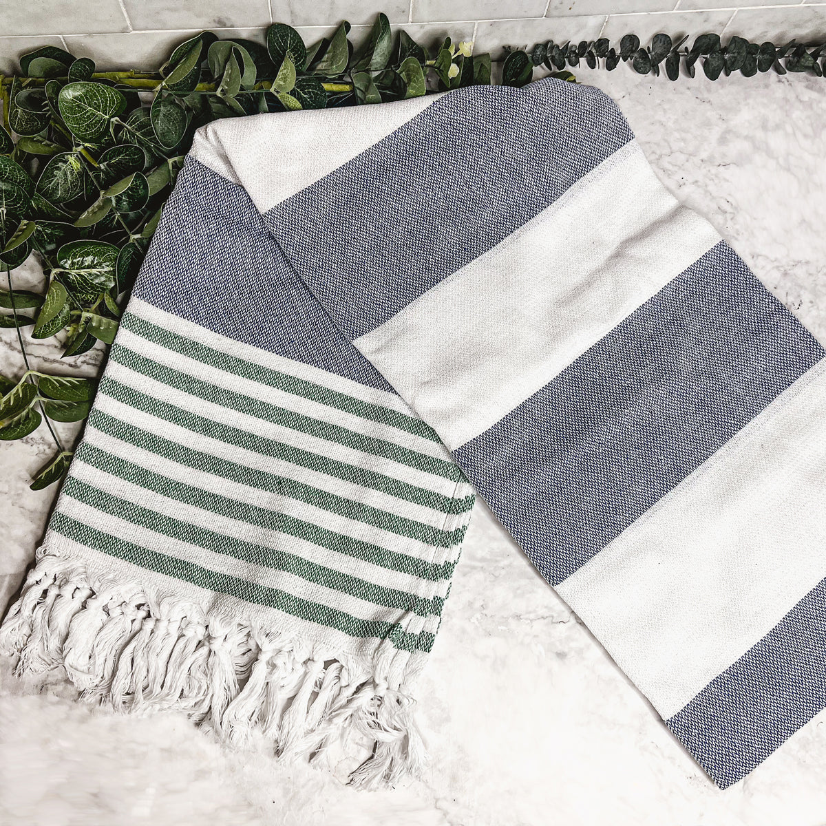 Lightweight oversized Turkish towel in blue and gray color combination