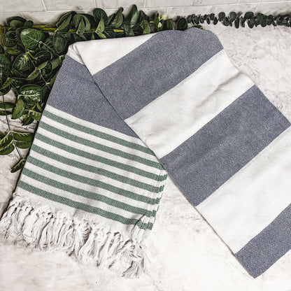 Lightweight oversized Turkish towel in blue and gray color combination