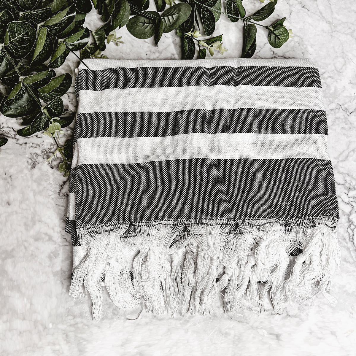 Bold 180 GSM Turkish cotton towel with striped design and tassels
