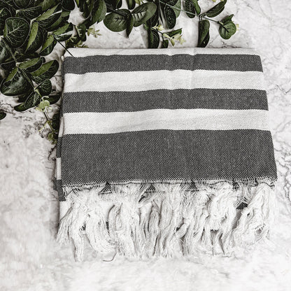 Bold 180 GSM Turkish cotton towel with striped design and tassels