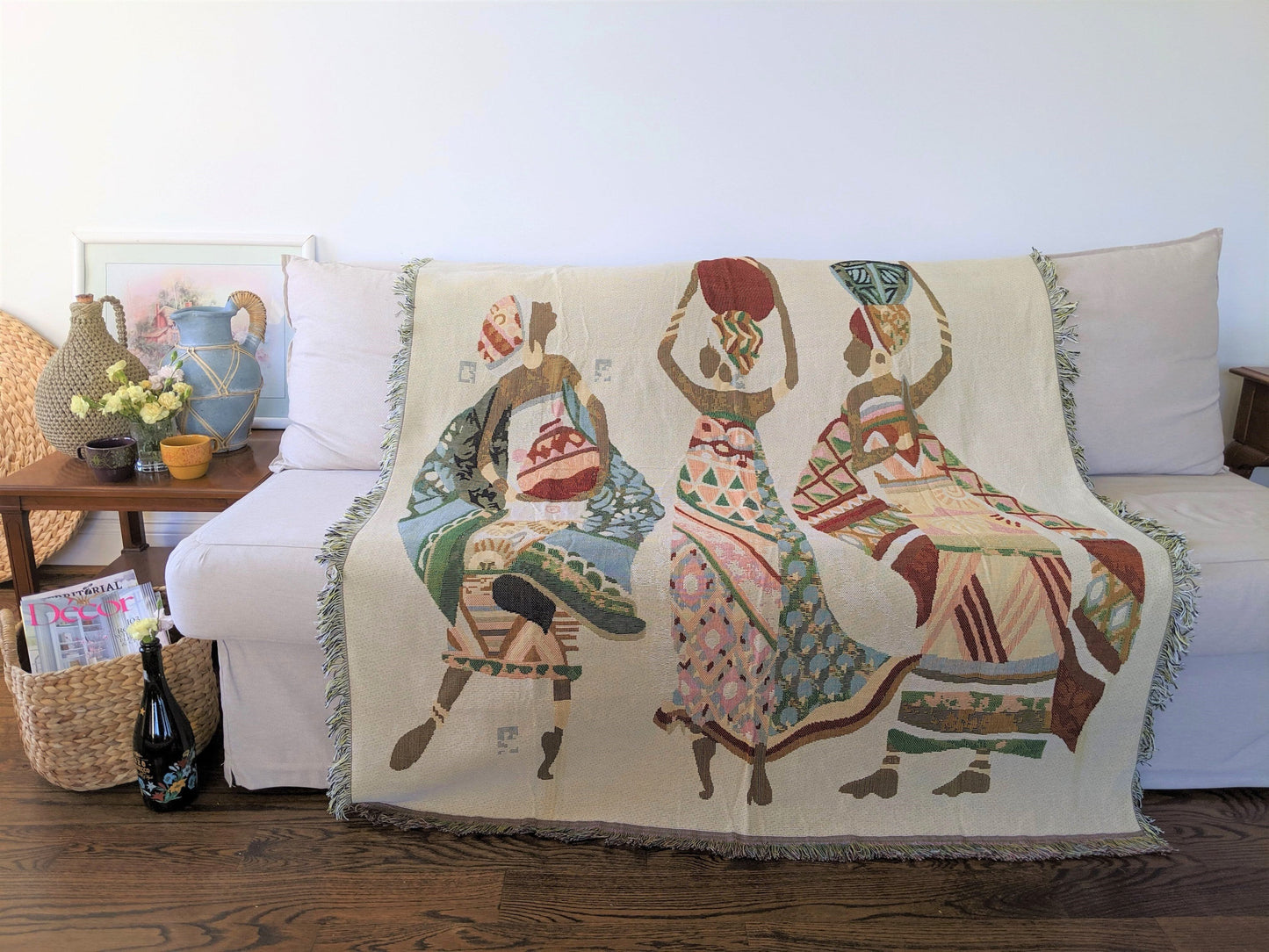 Vibrant Southwestern-inspired Kwanzaa tapestry throw used as picnic or outdoor blanket – cozy, cultural, and stylish home textile