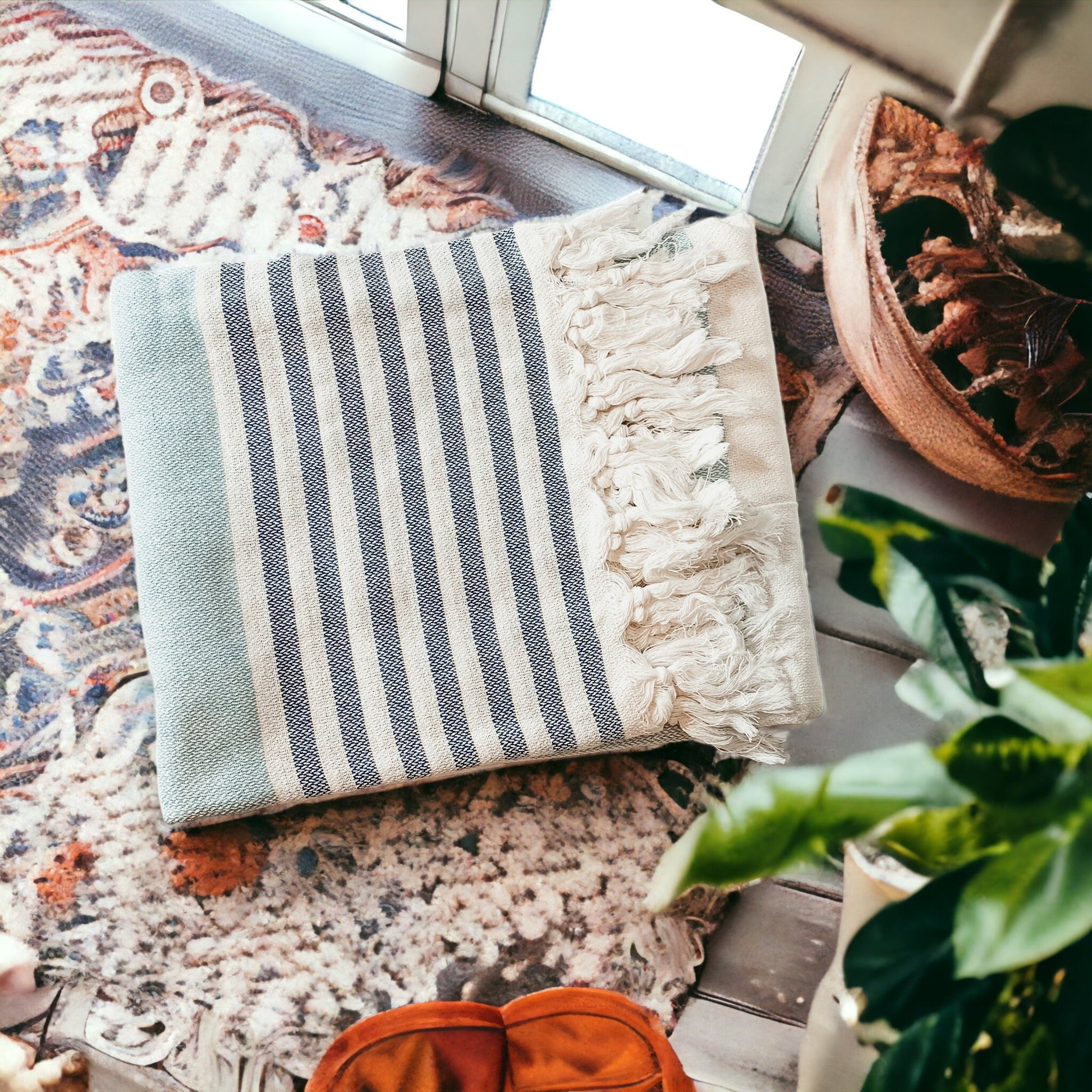Versatile Mediterranean towel used as decor, kitchen or bath towel