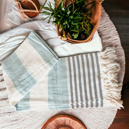 Versatile Mediterranean towel used as decor, kitchen or bath towel