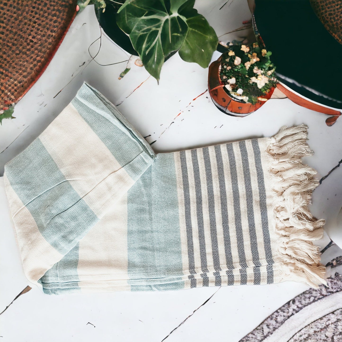 Versatile Mediterranean towel used as decor, kitchen or bath towel