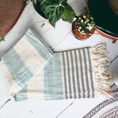 Versatile Mediterranean towel used as decor, kitchen or bath towel