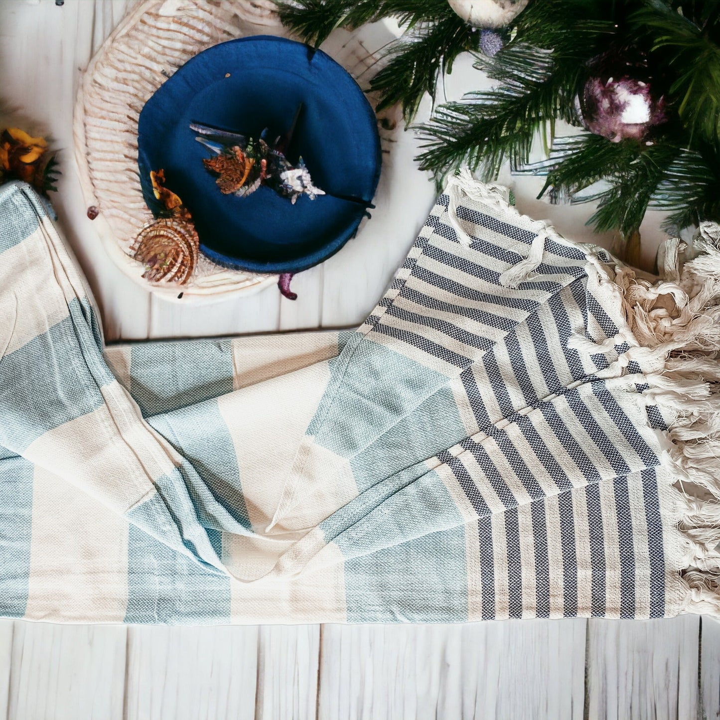 Lightweight oversized Turkish towel in blue and gray color combination