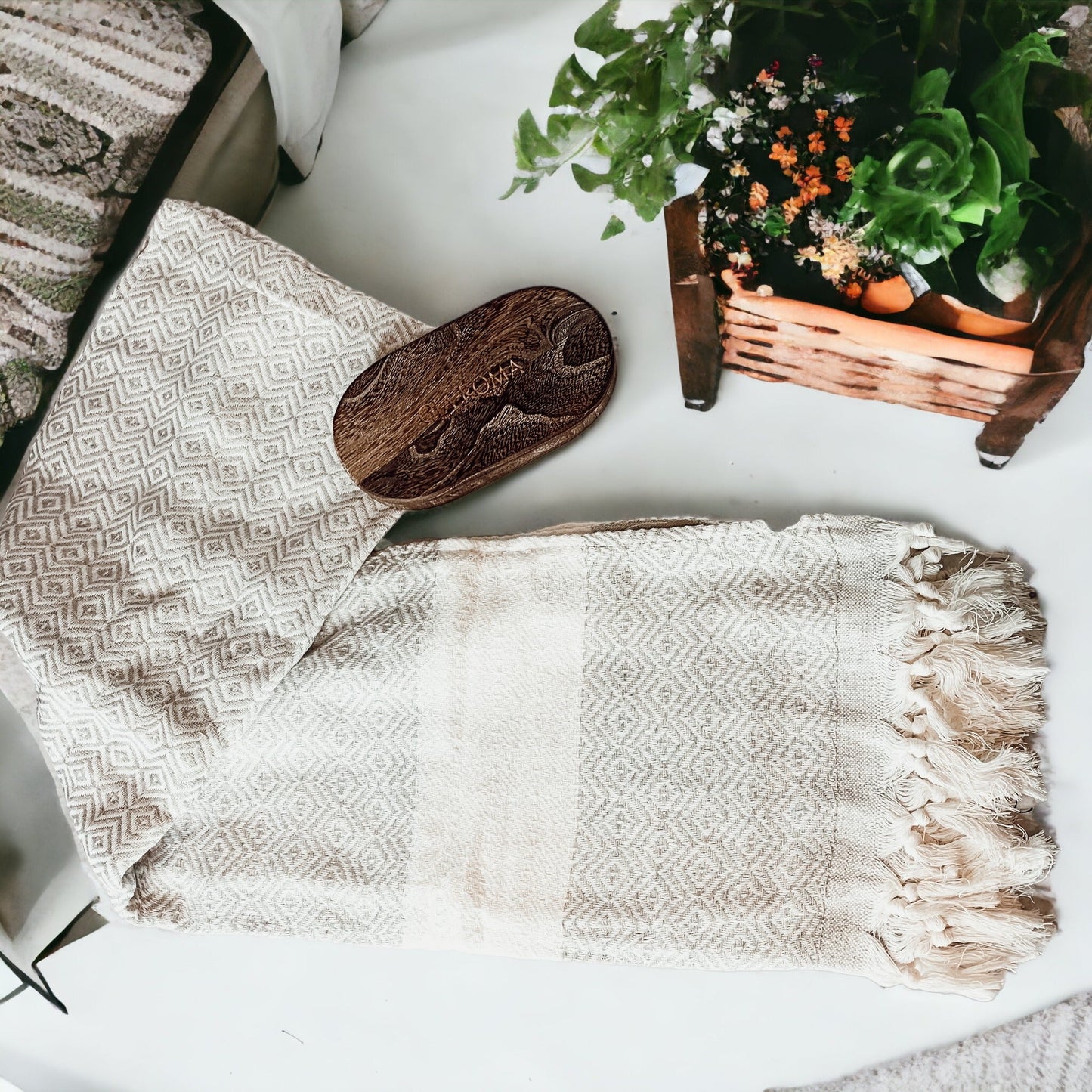 Green Haley Diamond towel showing jacquard pattern
