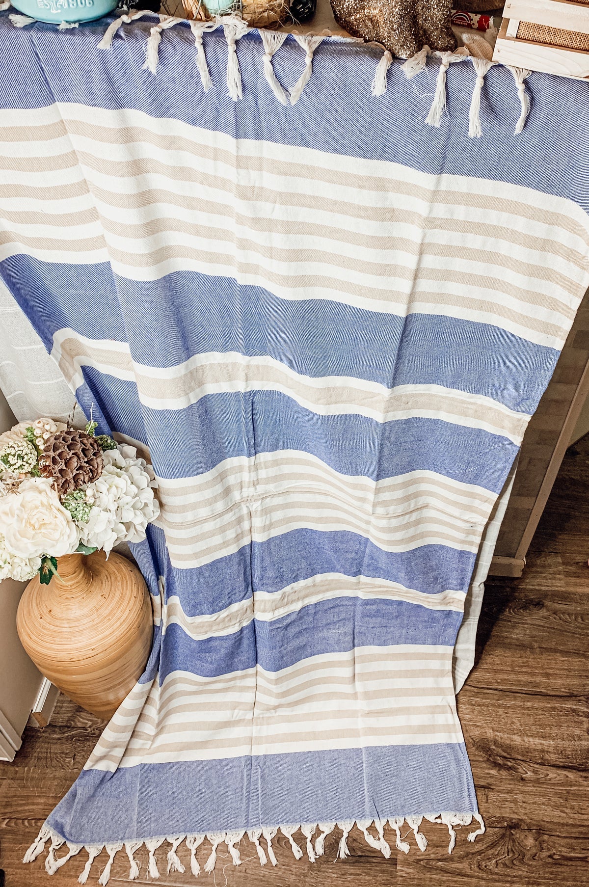 Lightweight oversized Turkish towel in blue and gray color combination