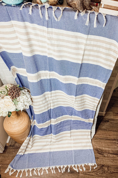 Lightweight oversized Turkish towel in blue and gray color combination